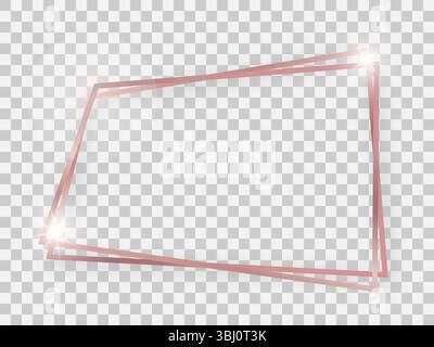 Double rose gold shiny trapezoid frame with glowing effects and shadows on transparent background. Vector illustration Stock Vector
