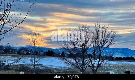 Winter Sunset Over The Rocky Mountains, Superior, Colorado, USA Stock Photo