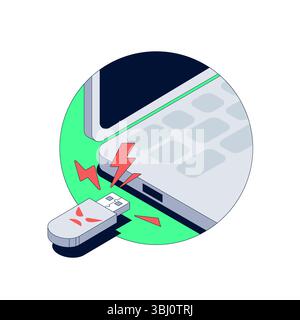 Malicious USB flash card device infects laptop with hidden malware. Unauthorized flash drive triggers cybersecurity threat. Dangerous hardware attack Stock Vector