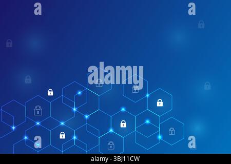 Digital technology cybersecurity concept with padlock and polygon shape on blue gradient background, Vector and Illustration Stock Vector