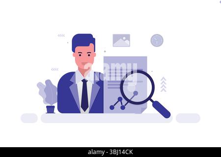 Vector illustration of businessman in blue suit analyzing document with magnifying glass highlighting graph elements Stock Vector