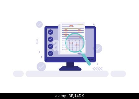 Vector illustration of computer monitor with document, magnifying glass, and checkmarks indicating search and task completion Stock Vector