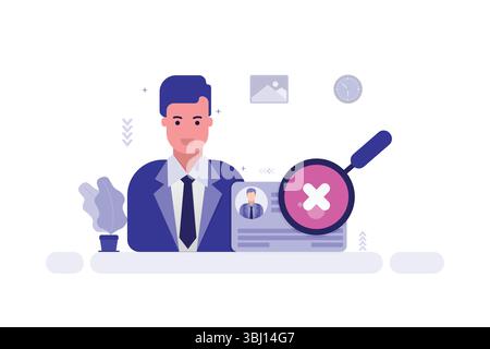Vector illustration of cartoon businessman with magnifying glass showing white X, symbolizing rejection or disapproval Stock Vector