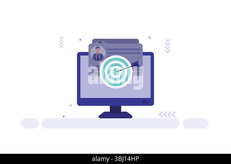 Vector illustration of a computer monitor showing a bullseye target and profile document, symbolizing digital marketing focus Stock Vector