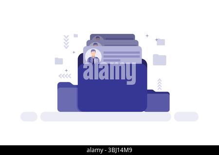 Vector illustration of a blue folder with profile documents and text, representing digital file storage and organization Stock Vector