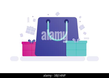 Vector illustration of a blue shopping bag with gift boxes Stock Vector