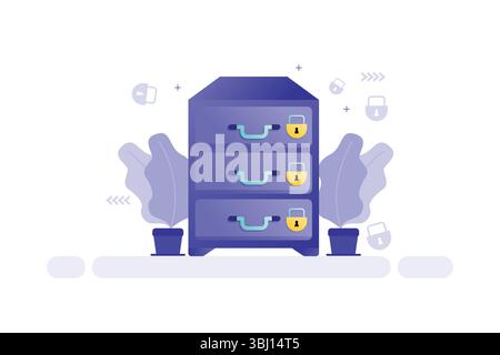 Vector illustration of a purple filing cabinet with padlocks and security symbols Stock Vector