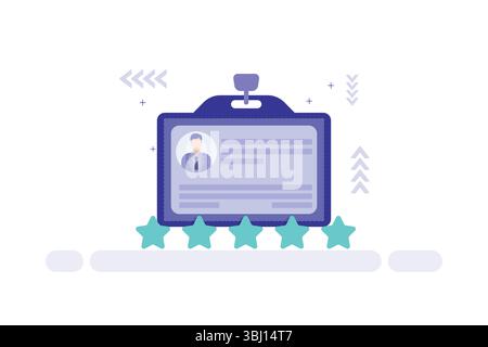 Vector illustration of a name badge with portrait, rating stars, and ID details in a professional business style Stock Vector