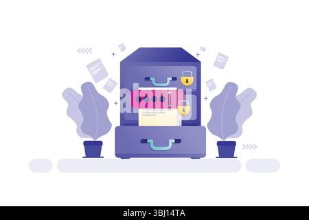 Vector illustration of a secure digital filing cabinet with floating documents and padlocks Stock Vector