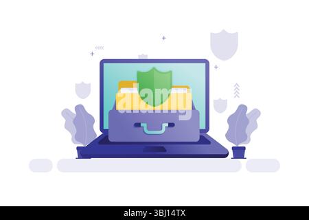 Vector illustration of laptop with drawer and folders, symbolizing data protection and digital security Stock Vector