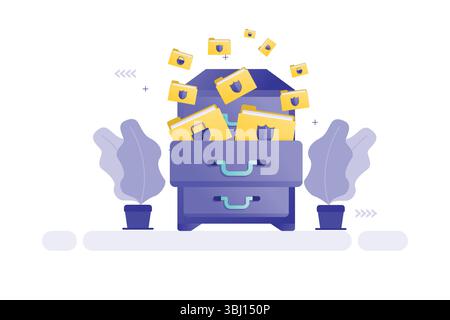 Vector illustration of filing cabinet with secure folders and digital storage elements Stock Vector