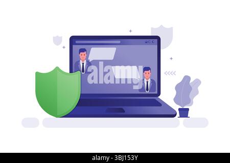 Vector illustration of laptop with video call and green shield, digital protection and cybersecurity concept Stock Vector