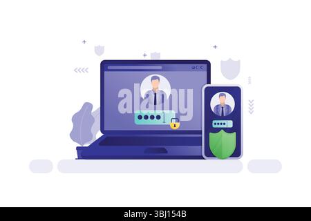 Vector illustration of laptop and smartphone with login interface and security symbols Stock Vector