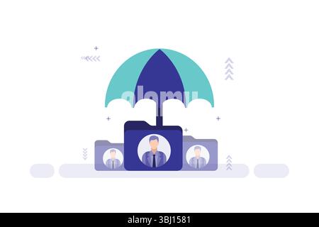 Vector illustration of umbrella protecting folders with user profiles, concept of data security Stock Vector