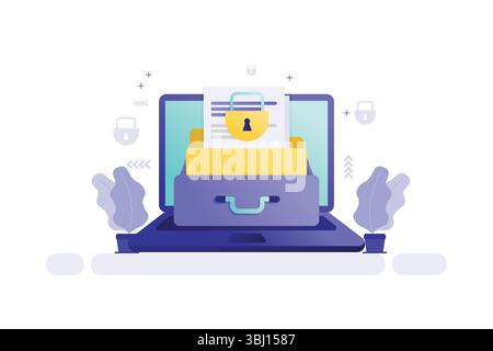 Vector illustration of laptop with document and padlock, concept of cybersecurity and secure data storage Stock Vector