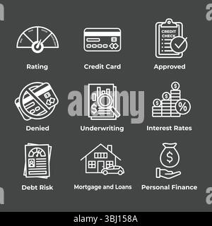 Credit Score and Loans Icon Set - Approved Credit Underwriting Interest Rates Debt and Mortgage Refinance Stock Vector