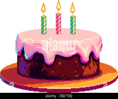 Vector pixel art illustration of a colorful birthday cake with three striped candles and pink icing. Festive dessert on a plate isolated on white Stock Vector