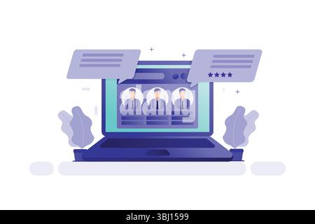 Vector Illustration of Laptop with Business Profiles, Speech Bubbles, and Star Rating – Online Reviews and Communication Concept Stock Vector