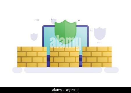 Vector Illustration of Laptop with Green Shield and Yellow Firewall Blocks – Cybersecurity and Digital Protection Concept Stock Vector