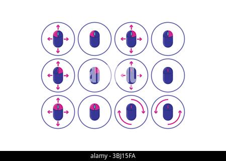 Computer Mouse Gestures Grid – 12 Icons Showing Movement and Scroll Directions Stock Vector