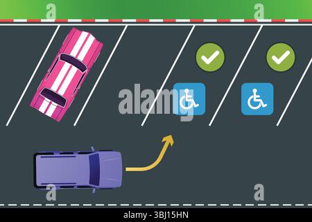 Top-Down Parking Lot Diagram with Handicap Spots, Incorrectly Parked Car, and Entry Direction Stock Vector
