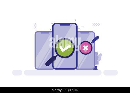 Three Overlapping Smartphones with Approval and Rejection Icons – Magnifying Glass Highlights Stock Vector