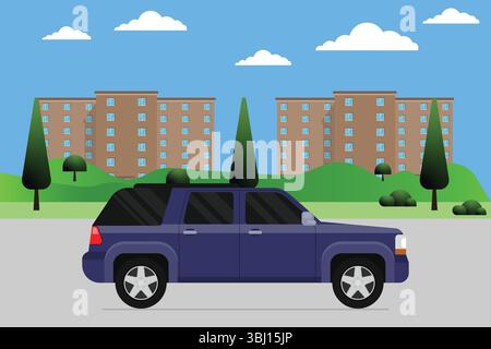 Cartoon Blue SUV with Apartment Buildings and Green Landscape Background Stock Vector