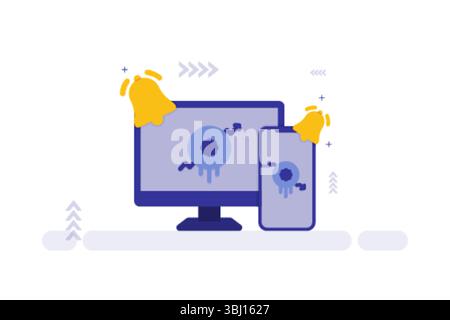 Crypto Security Alert – Monitor and Smartphone with Virus Symbol, Curved Arrow, and Notification Bells Stock Vector
