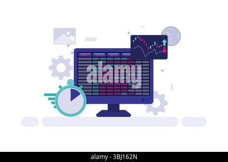 Data Analysis Illustration – Monitor with Spreadsheet and Financial Trend Chart Stock Vector