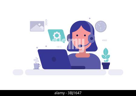 Tech Support Illustration – Person with Laptop and Headset, Gear Icon in Speech Bubble Stock Vector