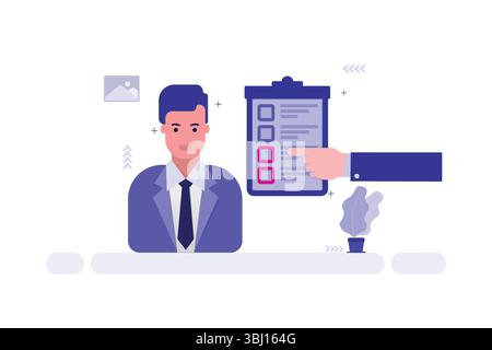 Business Evaluation Illustration – Man in Suit with Hand Pointing to Marked Checklist on Clipboard Stock Vector