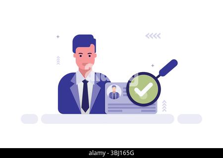 ID Verification Illustration – Man in Suit with ID Card and Magnifying Glass Highlighting Green Checkmark Stock Vector