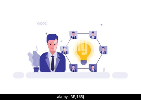 Business Innovation Illustration – Man at Desk with Lightbulb Connected to Identical Portraits in Hexagonal Network Stock Vector