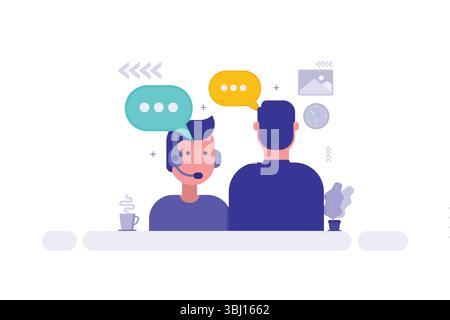 Customer Service Conversation Illustration – Two Men at a Table with Headset and Speech Bubbles in Green and Yellow Stock Vector
