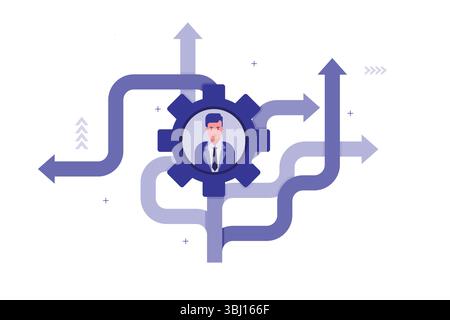 Business Concept Illustration – Man Inside Gear with Arrows Pointing Outward Representing Decision-Making and Strategic Direction Stock Vector