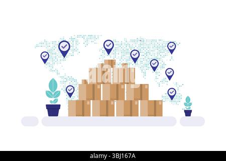 Digital Illustration of Stacked Cardboard Boxes with Location Pins and Check Marks – Symbolizing Logistics, Delivery, and Supply Chain Tracking Stock Vector