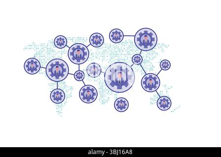 Network diagram overlaid on a world map, featuring interconnected gears. Each gear contains an illustration of a person in a suit Stock Vector