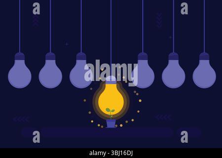 Hanging light bulbs against a dark blue background, with one bulb illuminated in yellow. Inside this glowing bulb is a small potted plant Stock Vector