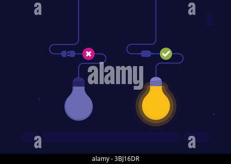 Two light bulbs are shown against a dark blue background. The bulb on the left is unlit and connected via a split cord, marked with a red "X" symbol Stock Vector