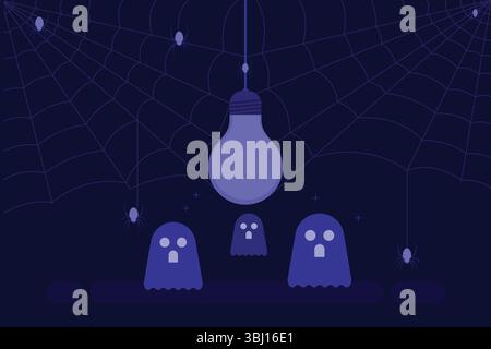 Dark-themed illustration featuring three cartoon ghosts with surprised expressions under a large glowing light bulb. Stock Vector