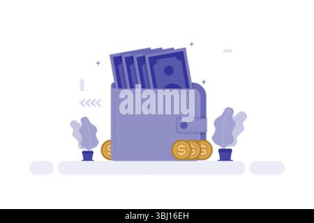Vector illustration of a wallet filled with paper currency and stacked gold coins symbolizing personal finance and wealth Stock Vector