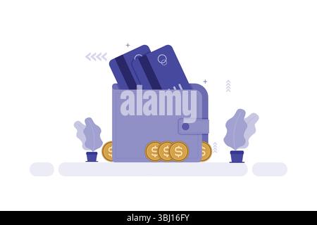 A digital illustration of a purple wallet containing two credit cards, positioned on a flat surface. Gold coins with a dollar symbol are placed around Stock Vector