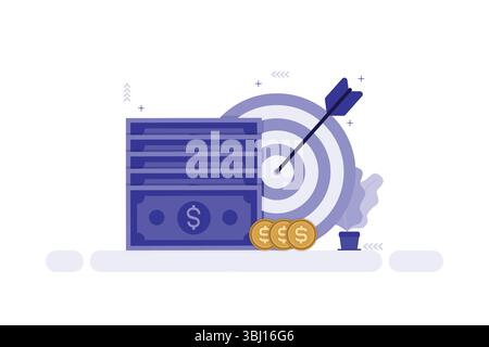 Vector illustration of stacked paper money and coins next to target with arrow symbolizing financial success and precision Stock Vector