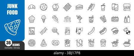 Junk food or processed food outline icon . Editable stroke . Vector . Stock Vector