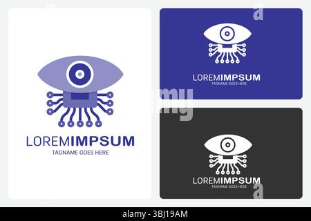 Digital Vision Logo Template. This logo features an eye with a round center, like a camera lens, and circuit-like lines below it. Stock Vector