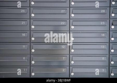 A row of mailboxes mounted on a wall for receiving letters and packages in residential buildings or office entrances, everyday urban life Stock Photo