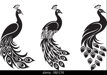 Three stylized peacocks in black and white, elegant and artistic designs Stock Vector