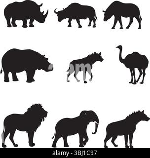 Silhouettes of African Wildlife: A Collection of Nine Animals Stock Vector