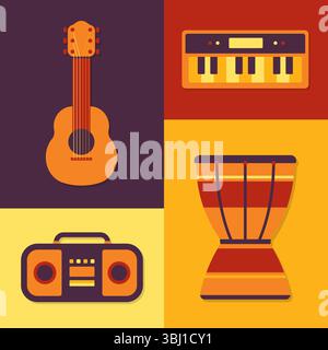Music instruments flat icon set with simple and minimalist design Stock Vector