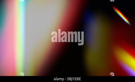 Retro film light leak effect with warm glow, rainbow flares and bokeh texture. Vintage overlay with grain, noise and scratches. Perfect for photo filters, posters or analog video backgrounds. Stock Vector